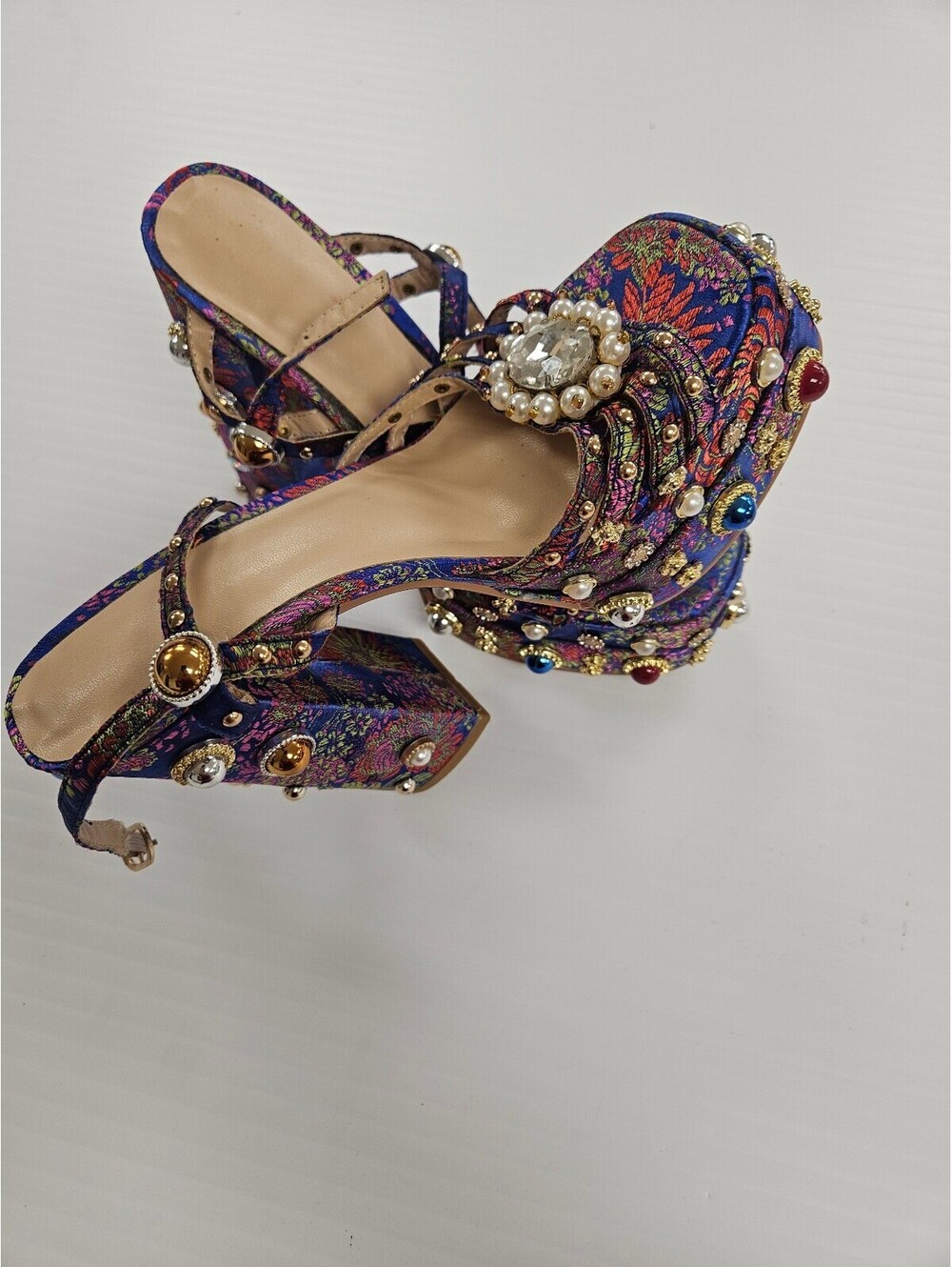 Y2K Embellished Platform Heeled Sandals with Decorative Stones and Pearls